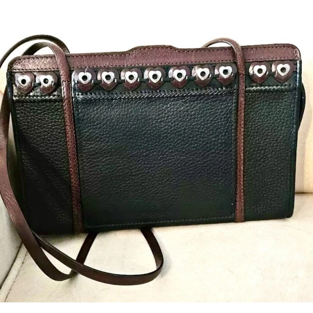BRIGHTON BLACK BROWN  LEATHER HEARTS ORGANIZER SHOULDER BAG